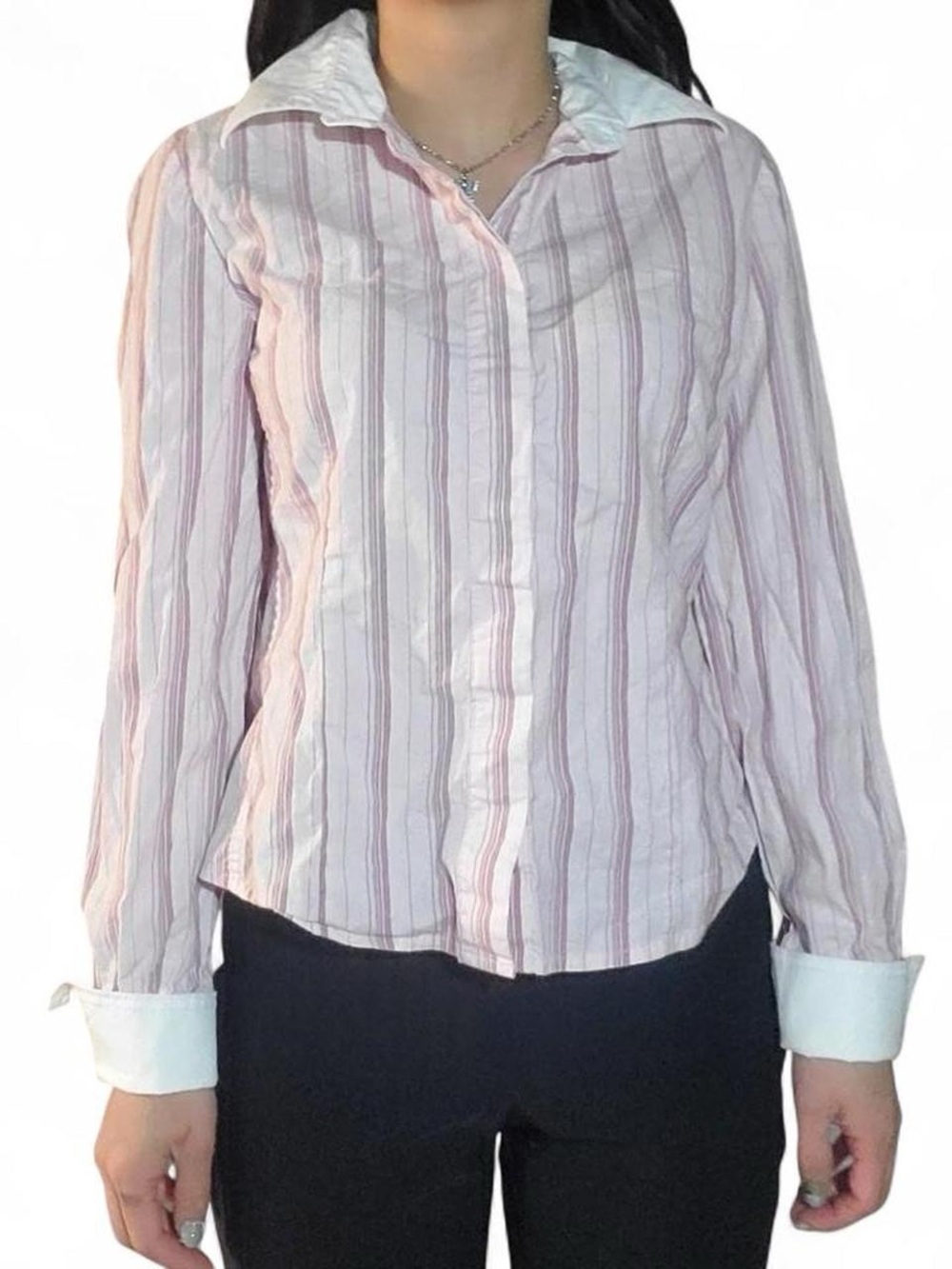 GAP Women’s Pink and White Striped Button-Down Shirt